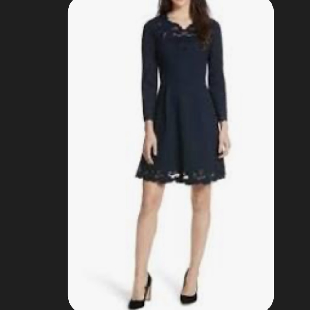 Ted Baker Emey fit and flare Navy Dress with Lace cutout Details